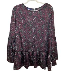 Simply Styled by Sears Women's Burgundy Floral Bell‎ Sleeve Peplum Tunic Top XL